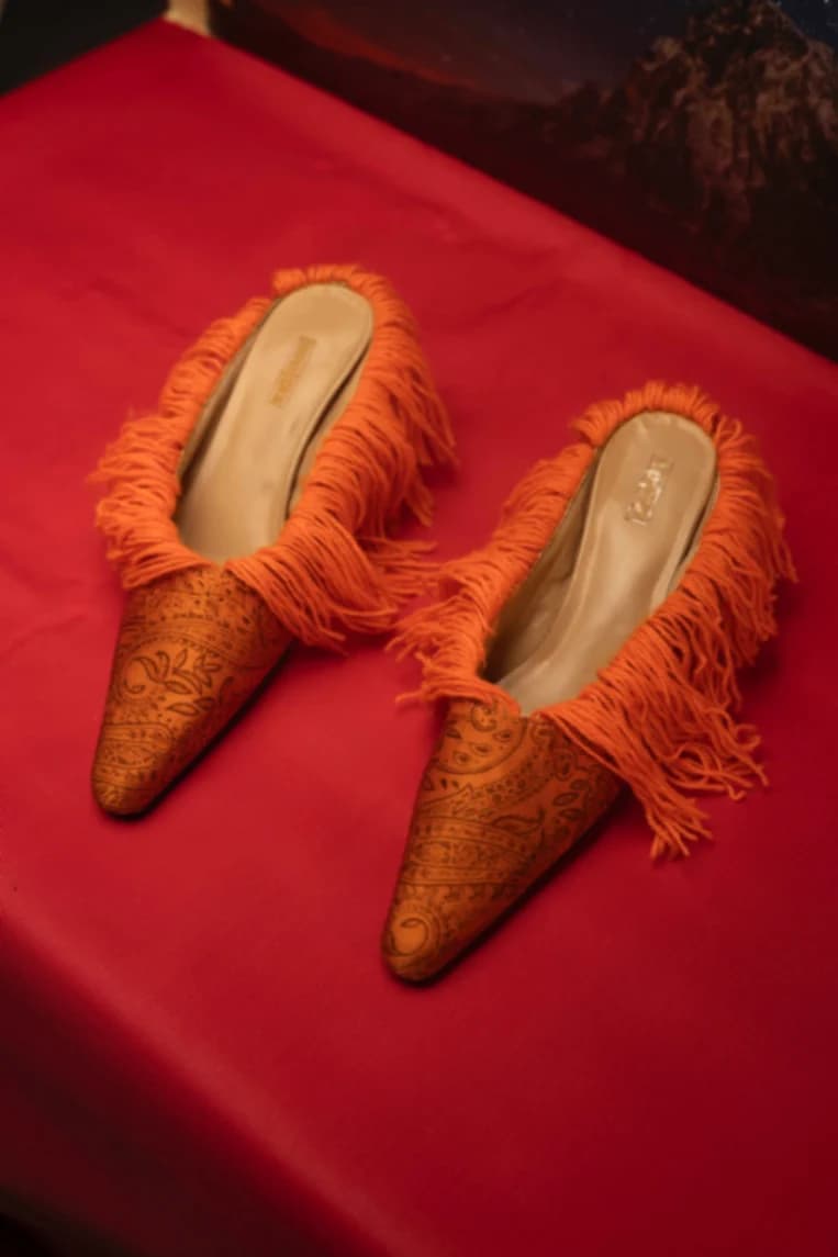 Orange Fringe Pointed-Toe Heeled Mules