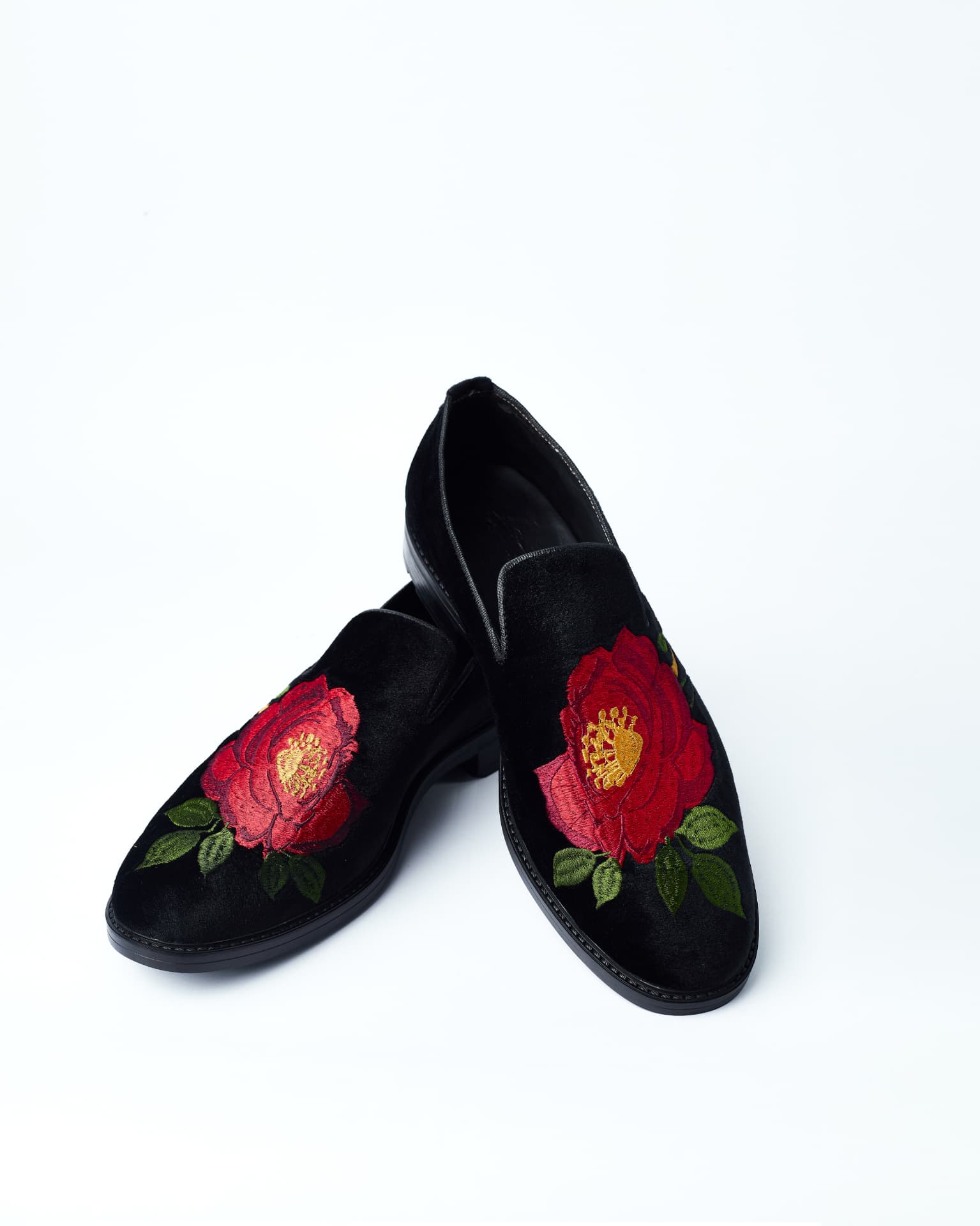 Black Velvet Loafers with Embroidered Red Rose